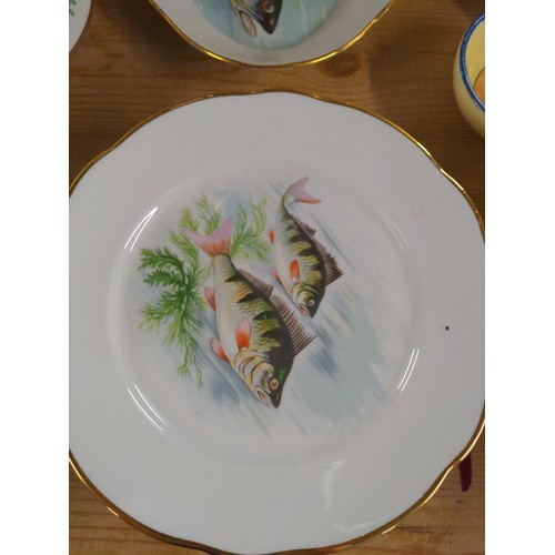 529 - Set of six gilt rimmed French fish themed plates by  Chauvigny together with an Apilco fish pla... 