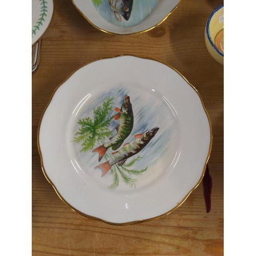 529 - Set of six gilt rimmed French fish themed plates by  Chauvigny together with an Apilco fish pla... 