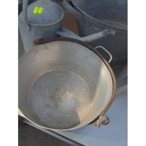 55 - Galvanised lot, includes watering can, 2 tubs together with preserve pan. Largest tub W64cm