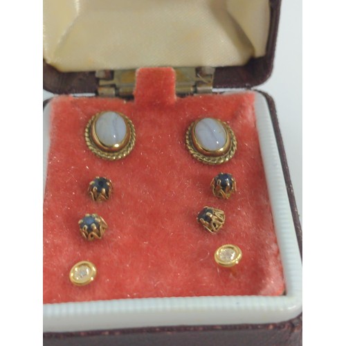 648 - Three pairs of 9ct gold gem-set ear studs, and a pair of yellow metal and diamond ear studs, yellow ... 