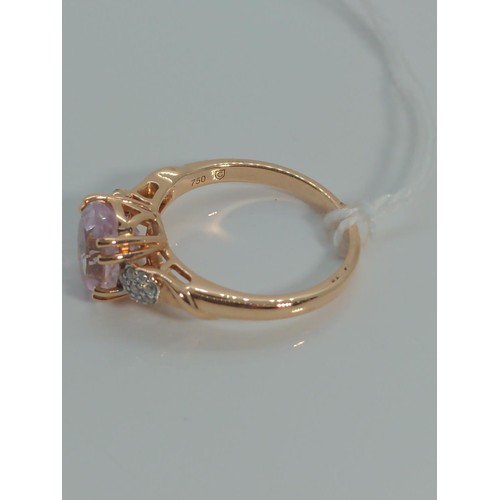 656 - 18ct rose gold, kunzite and diamond ring, size O, gross weight 4.35 grams