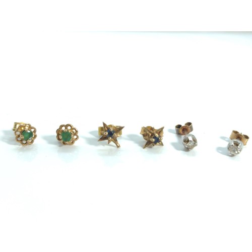 658 - Three pairs of 9ct gold and gem-set ear studs, set with emerald, sapphire and diamonds respectively,... 