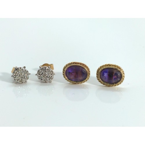 663 - Two pairs of 9ct gold ear studs, set respectively as a diamond cluster and amethyst, gross weight 2 ... 