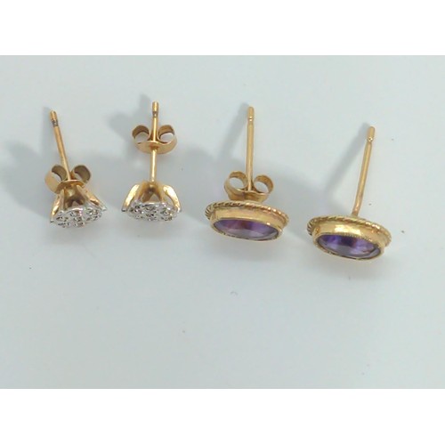 663 - Two pairs of 9ct gold ear studs, set respectively as a diamond cluster and amethyst, gross weight 2 ... 