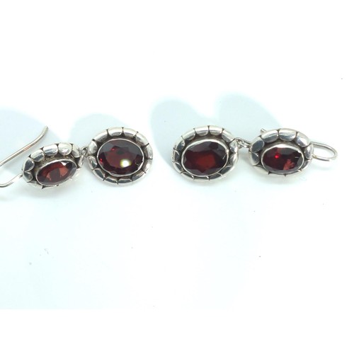 666 - Pair of 925 silver and garnet pendant earrings, length 39mm, gross weight 8.07 grams