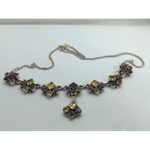 669 - 925 silver multi gem-set necklace, circumference 400mm, gross weight 19 grams