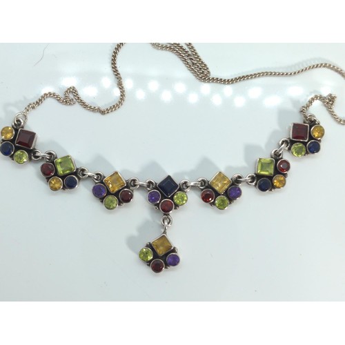 669 - 925 silver multi gem-set necklace, circumference 400mm, gross weight 19 grams