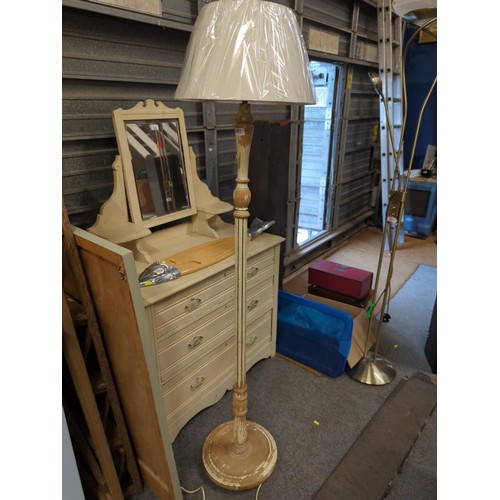 953 - Shabby chic standard lamp with new shade, total height 165cm