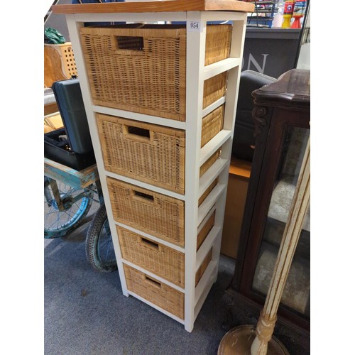 954 - Five drawer wicker and wood unit W46 x D37 x H134cm