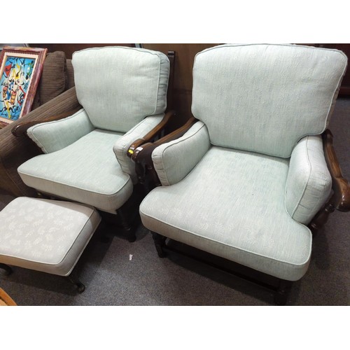 966 - Old Colonial Ercol pair of lounge chairs and footstool in matching upholstery, Laura Ashley design.... 