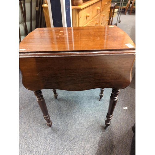 979 - Small drop leaf table with original castors with two drawers and one zinc lined hobby table. W76D56H... 