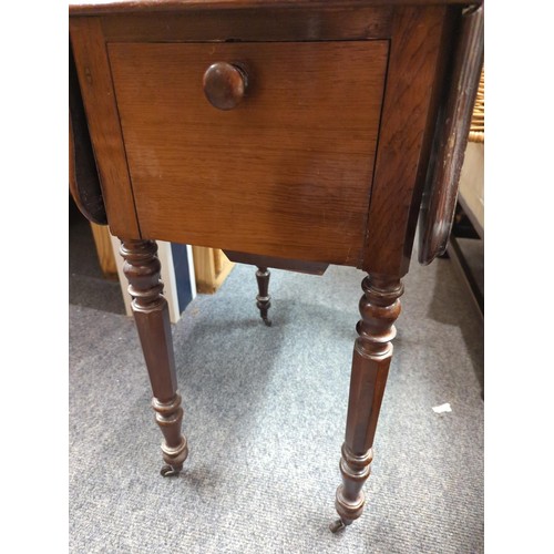 979 - Small drop leaf table with original castors with two drawers and one zinc lined hobby table. W76D56H... 