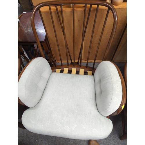 984 - Ercol Windsor dark wood sofa and two armchairs, upholstered in Laura Ashley fabric. 