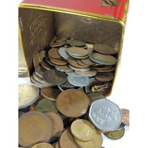 594 - Collection of mostly British coins in red vintage tin, gross weight including tin 1.21kg