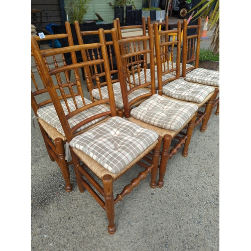 377 - Set of 8 rush seated ash chairs based on an 18th century design , with tie-on Walton cushions