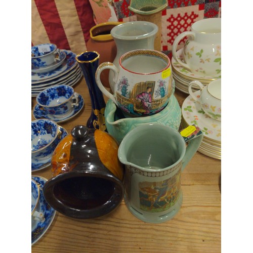 674 - Five pieces of studio pottery stoneware and other assorted ceramics plus another green crate of ston... 