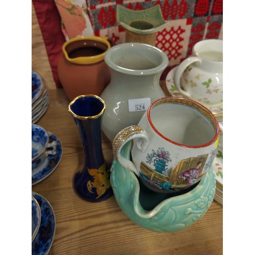 674 - Five pieces of studio pottery stoneware and other assorted ceramics plus another green crate of ston... 