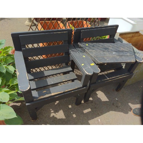 105 - Teak grey painted pair of seats / conversation bench.