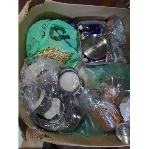 144 - Large box of ex-stock candle holders, jars, bottles, lids, decorative items, tealights etc.