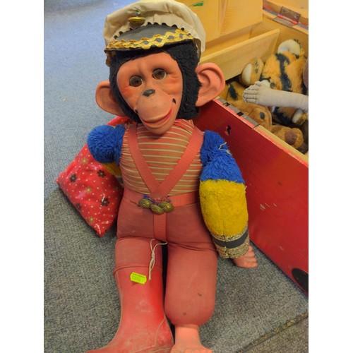 196 - Vintage monkey Possibly Chad valley Jacko. One boot missing, metal farm animals. Together with woode... 