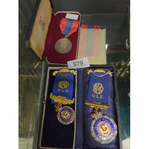 579 - Two hallmarked silver gilt Royal order of Buffalos masonic jewels. Justice Truth Philanthropy. One p... 