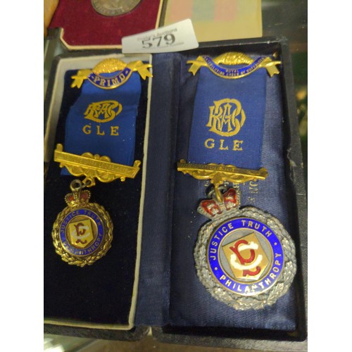 579 - Two hallmarked silver gilt Royal order of Buffalos masonic jewels. Justice Truth Philanthropy. One p... 