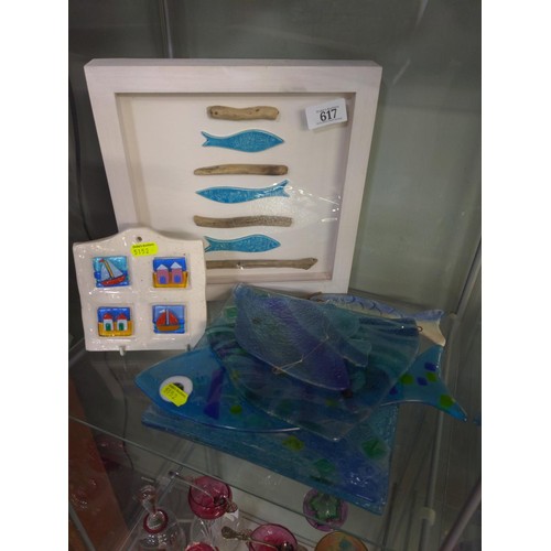 617 - Collection of studio glass ware and one decorative glazed tile. All depicting fish and the sea.