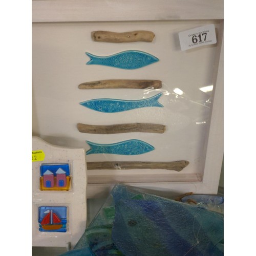 617 - Collection of studio glass ware and one decorative glazed tile. All depicting fish and the sea.