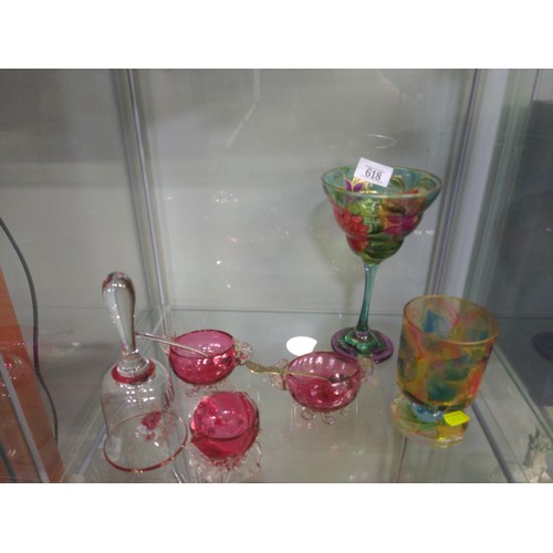 618 - Collection of coloured glass inc, some cranberry coloured glass bowls, a glass bell and two colourfu... 