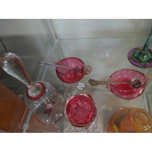 618 - Collection of coloured glass inc, some cranberry coloured glass bowls, a glass bell and two colourfu... 