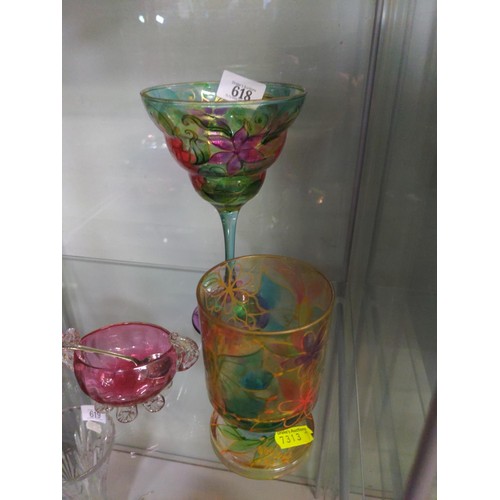 618 - Collection of coloured glass inc, some cranberry coloured glass bowls, a glass bell and two colourfu... 