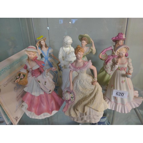 620 - 6 Wedgwood period dressed figures with certificates of Authenticity and 1 Worcester.