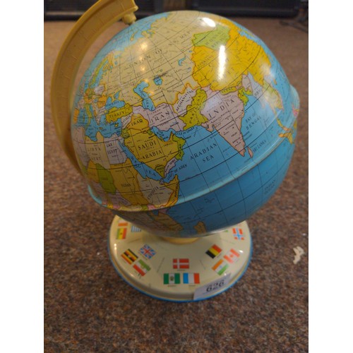 626 - Small vintage metal globe with countries flags to base. H 26cm