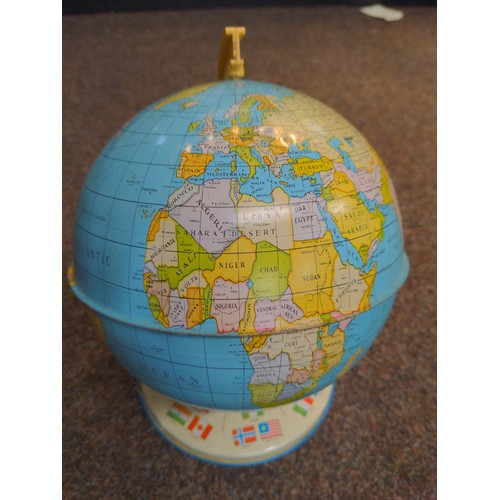 626 - Small vintage metal globe with countries flags to base. H 26cm