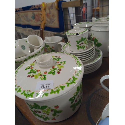 657 - Portmeirion Summer Strawberries tea pot, 6 coffee cups two tureens, salad bowl, plates, bowls etc.