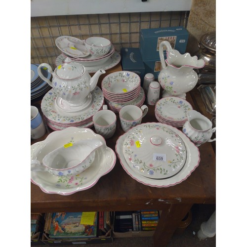 659 - Johnson Bros dinner and tea ware, inc, 6 mugs, jugs, cups, saucers, tureen, bowls and salt and peppe... 