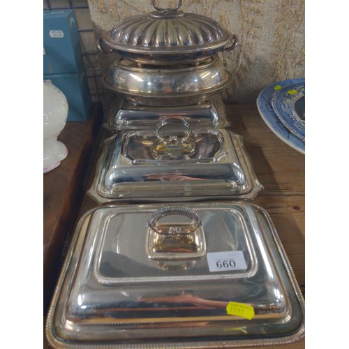 660 - Quantity of plated lidded serving dishes mainly Victorian design.  5 in toal, two with missing ... 