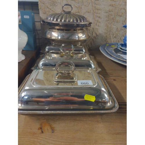 660 - Quantity of plated lidded serving dishes mainly Victorian design.  5 in toal, two with missing ... 