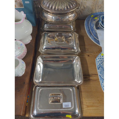 660 - Quantity of plated lidded serving dishes mainly Victorian design.  5 in toal, two with missing ... 