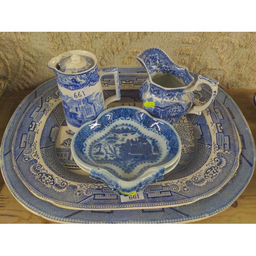 661 - Two large blue and white meat plates plus tow jugs, one marked George Jones and son Abbey 1790, and ... 