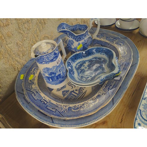 661 - Two large blue and white meat plates plus tow jugs, one marked George Jones and son Abbey 1790, and ... 