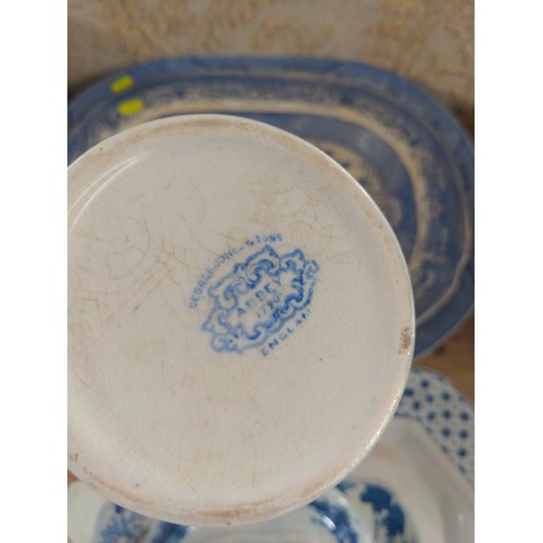 661 - Two large blue and white meat plates plus tow jugs, one marked George Jones and son Abbey 1790, and ... 