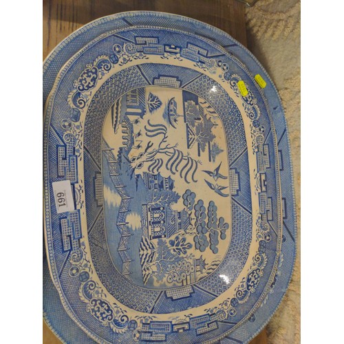 661 - Two large blue and white meat plates plus tow jugs, one marked George Jones and son Abbey 1790, and ... 