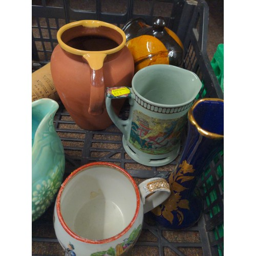 674 - Five pieces of studio pottery stoneware and other assorted ceramics plus another green crate of ston... 