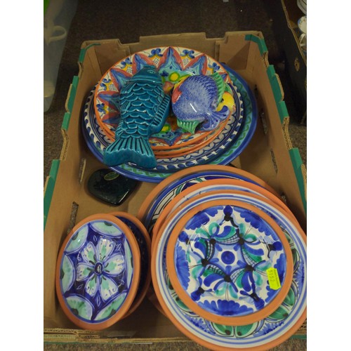 680 - Box of terracotta plates in Spanish/Italian design inc, large bowls and plates, hand painted in vibr... 