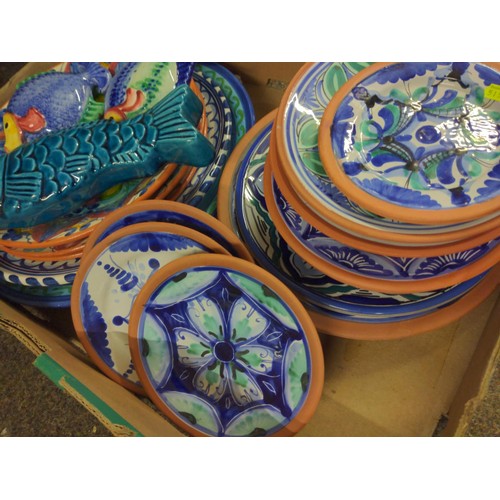 680 - Box of terracotta plates in Spanish/Italian design inc, large bowls and plates, hand painted in vibr... 