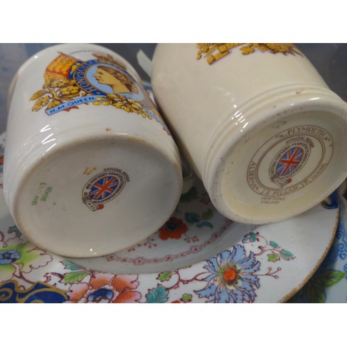 681 - Box of Arcadian China crested ware and a selection of commemorative beakers and mugs etc.