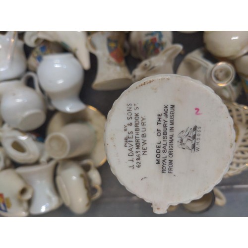 681 - Box of Arcadian China crested ware and a selection of commemorative beakers and mugs etc.