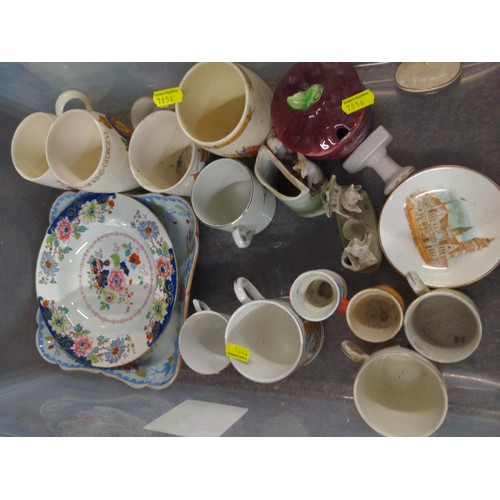 681 - Box of Arcadian China crested ware and a selection of commemorative beakers and mugs etc.