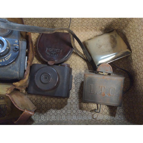 688 - Small brown case containing Various collectables Inc Bakelite V.P.Twin camera, Ensign Camera, Austra... 